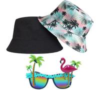 AUNGCSHE Cappello Pescatore Bucket Hat Conjunto con Gafas de Sol Flamenco y Palmera Estilo Hawaiano Accesorios Divertidos para Fiesta Playa Vacaciones y Verano (Azul 5)