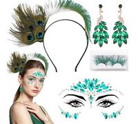 AUNGCSHE Disfraz de pavo real para mujer, 4 unidades, plumas de pavo real, joyas para el pelo, piedras brillantes, pendientes de pavo real, pestañas para carnaval, disfraz de pavo real, fiesta