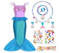 AUNGKWANG 4 Piezas Disfraz Sirenita Niña, Disfraz Princesa Niña, Collar de Cola de Sirena, Dibujos Animados Tatoos Infantiles de Sirena, Disfraz Niña Cosplay Cumpleaños Carnaval Fiestas