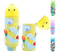 AUNGKWANG Amarillo Estuche 2 en 1 de Silicona Suave, Con 6 decoraciones, Kawaii Estuche Estuche Vertical Lapices, Telescópica polluelo Estuche para Lápices, para Niña ChicoRegalo de Escolar Cumpleaños