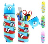AUNGKWANG Azul Estuche 2 en 1 de Silicona Suave, con 5 Decoraciones, Kawaii Estuche Vertical Lapices, Telescópica Monstruo Estuche para Lápices, para Niña ChicoRegalo de Escolar Cumpleaños