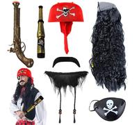 AUNGKWANG Set de Accesorios Pirata, 7 Pcs Complementos Pirata, ParchePirata, PañueloPirata, Barba Postiza, Pistolas, Peluca, CatalejoPirata, Accesorios de FiestaPirata Halloween