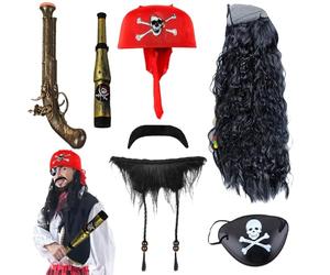 AUNGKWANG Set de Accesorios Pirata, 7 Pcs Complementos Pirata, ParchePirata, PañueloPirata, Barba Postiza, Pistolas, Peluca, CatalejoPirata, Accesorios de FiestaPirata Halloween