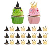 AUNMAS Juego de 12 Mini Sombreros de Bruja y Adornos para Tartas con, Sombreros de Mago de PVC con Coronas de Aleación de Zinc, Decoraciones para Magdalenas, Suministros para Fiestas (GOLD)