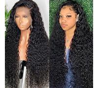 AUOCATTAIL Peluca de encaje frontal de 28 pulgadas con ondas de agua profunda, se puede hacer permanente y teñir, pelo rizado pequeño con raya al medio, pelo sintético artificial para mujeres negras