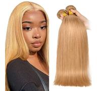 AuokMar 30 30 30 Pulgada #27 Honey Blonde Straight Bundles Human Hair Premium Unprocessed Straight Cabello humano Double Weft Brazilian Remy Hair Extensions 3 Bundle Total 150g