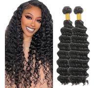 AuokMar 32 32 Inch Natural Black Deep Wave Bundles Human Hair Premium Unprocessed Deep Wave Cabello humano Extensions Double Weft Brazilian Remy Hair Extensions For Women 50g/Bundle