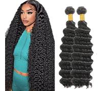 AuokMar 34 34 Pulgada Natural Black Deep Wave Bundles Human Hair Premium Unprocessed Deep Wave Cabello humano Extensions Double Weft Brazilian Remy Hair Extensions For Women 50g/Bundle