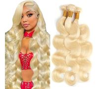 AuokMar #613 Light Blonde Body Wave Bundles Human Hair Premium Unprocessed Body Wave Cabello humano Double Weft Brazilian Remy Hair Extensions 3 Bundle Total 150g 16 16 16 Inch