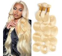 AuokMar #613 Light Blonde Body Wave Bundles Human Hair Premium Unprocessed Body Wave Cabello humano Double Weft Brazilian Remy Hair Extensions 3 Bundle Total 150g 14 14 14 Pulgada