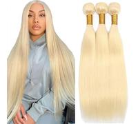 AuokMar #613 Light Blonde Straight Bundles Human Hair Premium Unprocessed Straight Cabello humano Double Weft Brazilian Remy Hair Extensions 3 Bundle Total 150g 14 14 14 Pulgada