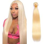 AuokMar Extensiones de cabello humano recto #613 rubio claro sin procesar brasileño ondulado, extensiones de cabello humano doble trama para mujeres, 50 g/pc 35 cm