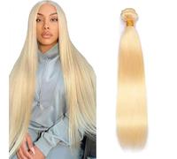 AuokMar Extensiones de cabello humano recto #613 rubio claro sin procesar brasileño ondulado, extensiones de cabello humano doble trama para mujeres, 50 g/pc 22 pulgadas