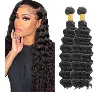 AuokMar Tejiendo el pelo de los brasileños Natural Black Bundle Human Hair Extension Machine Double Weft Weave Deep Wave Human Hair Tejiendo Cabello Natural 50g/Bundle 2 Bundle 28 28 Pulgada