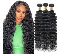 AuokMar Tejiendo el pelo de los brasileños Natural Black Bundle Human Hair Extension Machine Double Weft Weave Deep Wave Human Hair Tejiendo Cabello Natural 50g/Bundle 3 Bundle 30 30 30Pulgada