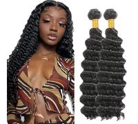 AuokMar Tejiendo el pelo de los brasileños Natural Black Bundle Human Hair Extension Machine Double Weft Weave Deep Wave Human Hair Tejiendo Cabello Natural 50g/Bundle 2 Bundle 34 34 Pulgada