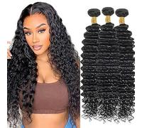 AuokMar Tejiendo el pelo de los brasileños Natural Black Bundle Human Hair Extension Machine Double Weft Weave Deep Wave Human Hair Tejiendo Cabello Natural 50g/Bundle 3 Bundle 32 32 32Pulgada