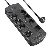 AUOPLUS Regletas Enchufes Multiple con 8 Toma de Corriente y 4 USB Puertos,Regleta Inteligente con Proteccion Sobretension y Interruptores, Cable de 2M,3680W/16A,Negro