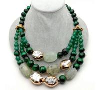 AUOQKQUT 19" 3 Strands Green Tiger Eye Agate White Keshi Pearl Necklace