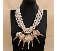 AUOQKQUT 4 Rows Cultured White Keshi Pearl Necklace Gold Edge Plated Sea Snail Shell Pendant For Lady