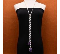 AUOQKQUT 51'' Freshwater White Rice Pearl Red Tourmaline Chain Necklace Gold Edge Purple Amethyst Quartz Pendant Party Gifts