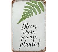 AUOQKQUT Bloom Where You Are Planted Inspirational Quote Retro Green Fern Leaf Metal Tin Sign Garden Home Office Bedroom Wall Decor Plaque Gift 8 X 12 in