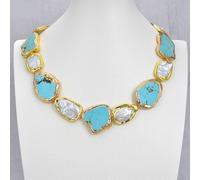 AUOQKQUT Cultured White Keshi Pearl Blue Slice Gold Edge Plated Necklace 20" Lady Jewelry