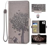 Auotu Funda with protección de la cámara Billetera Carcasa Caso Flip PU Cuero Magnetico Case Caja Cover para DOOGEE N55 Pro/DOOGEE N55 / DOOGEE N55 Plus Smartphone (Gris with Árbol Pattern)