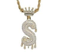 AUOU 1 collar con colgante de corona de gota de agua con letra inglesa de circonita y hip hop, Piedra