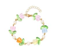 AUOU 1 pulsera coreana de perlas de resina para mujer, con diseño de flores, ajustable, Piedra
