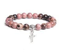 AUOU 1 pulsera de cuentas para hombre con colgante de cruz de color plateado y piedra natural, Piedra