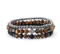 AUOU Juego de 3 pulseras de cuentas de piedra natural con ónix negro, ojos de tigre y pulsera de hematita, Piedra