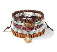 AUOU Juego de 5 pulseras con cuentas de madera retro multicapa de madera de coco y piedras naturales elásticas para hombre, Piedra