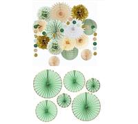 Aupawdy Decoración de fiesta verde salvia, 20 unidades, color verde salvia, crema y oro, papel de seda, abanico de papel de oliva, salvia y oro, decoración para despedida de soltera, cumpleaños, baby