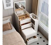 AuraFurn Tocador 4 en 1 con espejo plegable de 90°, pequeño tocador de maquillaje con espacio de almacenamiento, un banco suave y un armario lateral, 3 cajones de iluminación ajustable