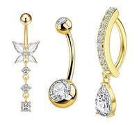 AuraFusion 3pcs Piercing de ombligo 10mm oro acero quirúrgico joyería: mariposa, bola doble, colgante de luna con gota. Elegante joyería femenina.