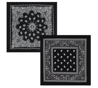 AuraFusion Bandana - Set de 2 Bandanas con diseño de paisley negro, 22x22 pulgadas de algodón para hombres y mujeres, versátil como cinta para la cabeza, pañuelo o mascarilla facial