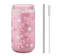 AuraFusion Glas mit Deckel und Strohhalm - 16 oz Pinker Schmetterlingsschleifen-Becher, Estético Vaso para café, Batidos y más, Regalo para Damas