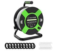auralab Tira LED de Obra AC 25m con Enrollador, 25000LM 4000K, IP65 Iluminación Temporal, Conectable 100m, Cable 1.5m con Enchufe 16A, 10 Ganchos y 10 Correas, Construcción Camping Reforma