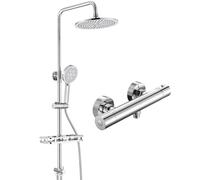 Auralum Columna de ducha con estante de ducha XXL, columna de ducha sin mezclador de acero inoxidable, altura ajustable 72-110 cm, barra de ducha con alcachofa de ducha (cromo, φ25 cm con termostático