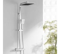 Auralum Columna de Ducha Termostática para Baño, Conjunto de Ducha con Rociador Cuadrado 25x25cm y Grifería Antiespaldamiento, Barra de Acero Inoxidable Compatible Orificios Existentes 71-104cm, Cromo