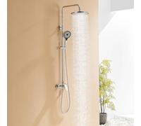 Auralum Columna Ducha con Grifo de Latón, Rociador Ducha Ø26 cm Redondo, Duchas de Baño columna y Alcachofa de Ducha 3 Modos, Barra de Ducha Altura Regulable 103-139cm, Plata