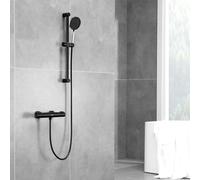 Auralum Columna Ducha con Grifo Ducha Termostatico, Conjunto Barra Ducha de Acero Inoxidable (70cm), Alcachofa(4 Funciones),Inox Manguera(150cm),Soporte,Negro