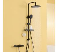 Auralum Columna Ducha sin Grifo con Eestante, Cabezal Ducha Ø250mm, Desviador de Ducha de Latón, Teleducha 4 Modos, Barra de Ducha de Acero Inoxidable Compatible con Orificios Existentes, Negro