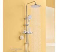 Auralum Columna Ducha sin Grifo con Eestante, Cabezal Ducha Ø250mm, Desviador de Ducha de Latón, Teleducha 4 Modos, Barra de Ducha de Acero Inoxidable Compatible con Orificios Existentes, Cromo