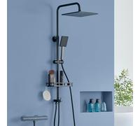 Auralum Columna Ducha sin Grifo con Eestante, Cabezal Ducha 25cm x25cm, Desviador de Ducha de Latón, Barra de Ducha de Acero Inoxidable, Ducha de baño Compatible con Orificios Existentes, Negro