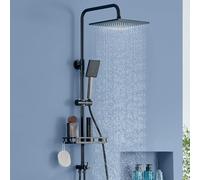 Auralum Columna Ducha sin Grifo con Estante, Cabezal Ducha 25cm x25cm, Desviador de Ducha de Latón, Barra de Ducha de Acero Inoxidable, Ducha de baño Compatible con Orificios Existentes, Negra