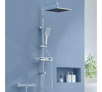 Auralum Columna Ducha sin Grifo con Estante, Cabezal Ducha 25cm x25cm, Desviador de ducha de Latón, Barra de Ducha de Acero Inoxidable, Ducha de baño Compatible con Orificios Existentes, Cromo