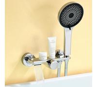 Auralum Conjunto de Grifo de Bañera y Ducha con Cascada, Mezclador Monomando de Latón con Estante de Almacenamiento, Alcachofa de Mano 5 Modos y Manguera 1.5m, Sistema de Ducha de Pared, Cromo