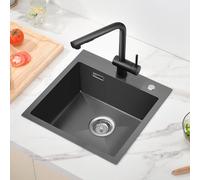 Auralum Fregadero Cocina 1 Seno 45 x 45 cm, Fregadero Cocina Negro Grisáceo de Acero Inoxidable, Fregadero Sobre Encimera, Fregaderos Cuatrados con Tapón y Sifón